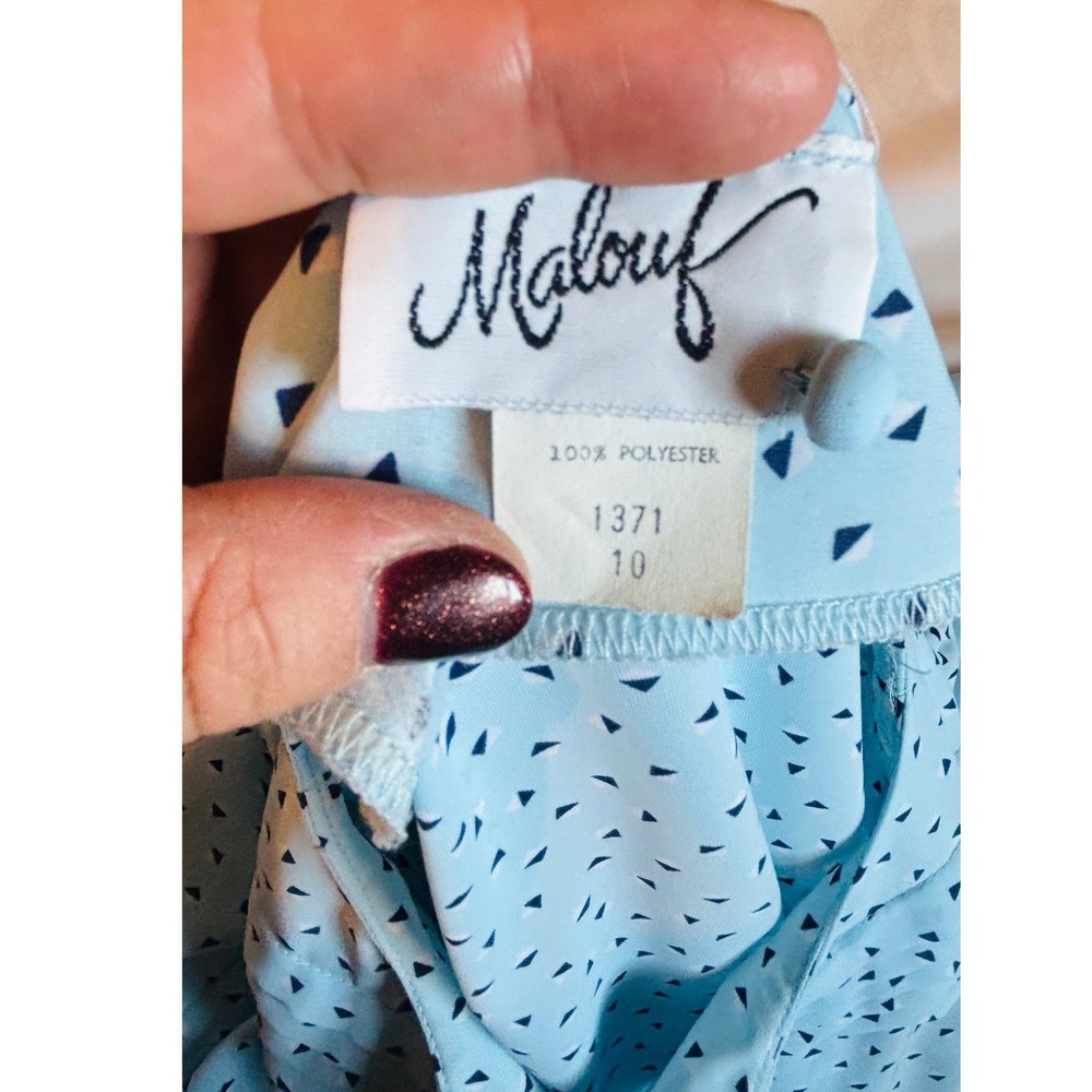 Vintage Malouf Light Blue Geometric Triangle Print Belted Pleated Midi Dress 6